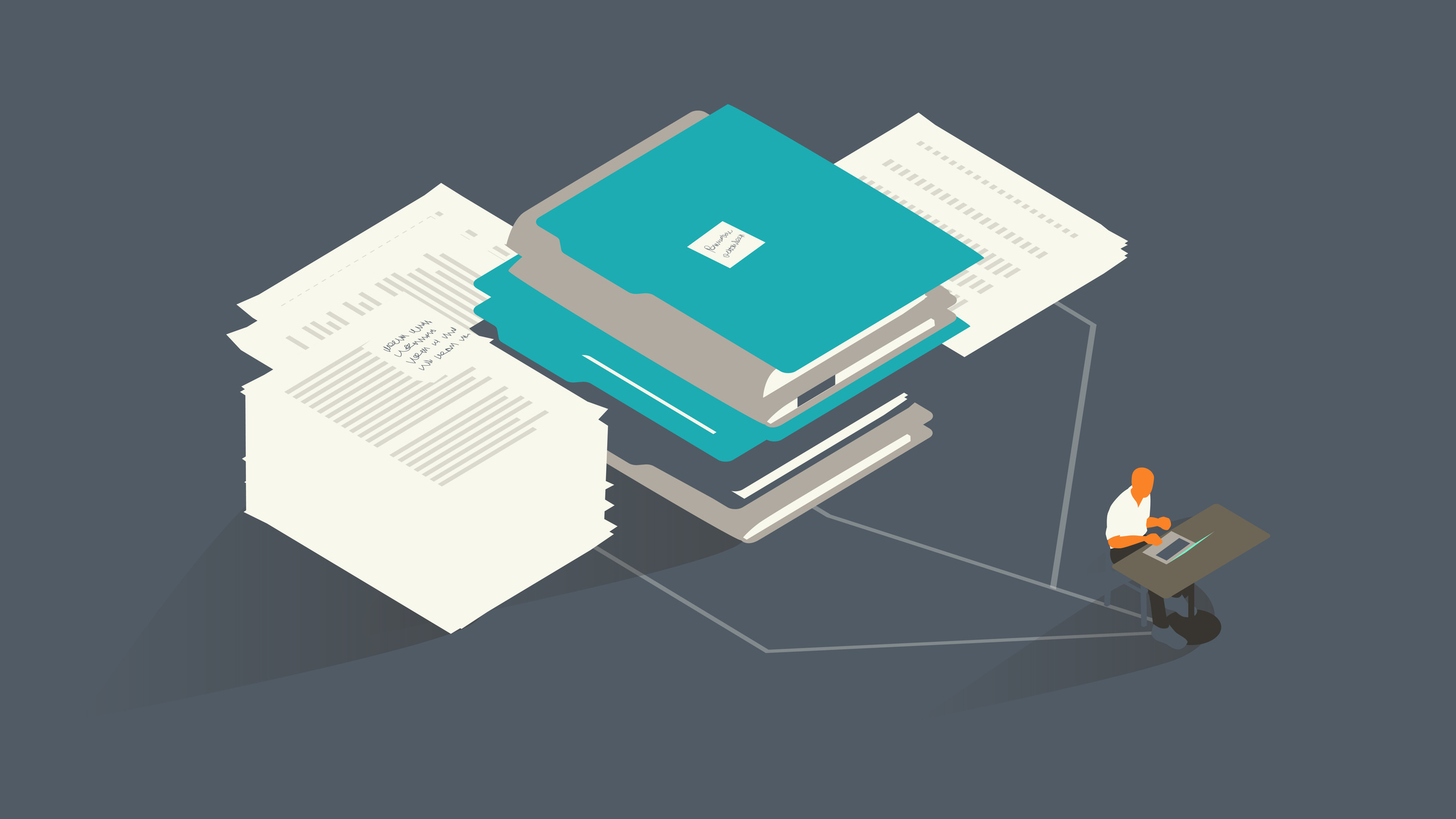 Isometrische illustratie van een persoon achter een laptop, verbonden via lijnen aan een grote stapel documenten en mappen, als metafoor voor het migreren van data van Exchange naar open source.