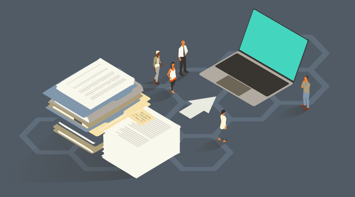 Isometrische illustratie van bestanden en documenten die worden overgezet naar een laptop, als metafoor voor de migratie van Office 365 naar een open source werkomgeving